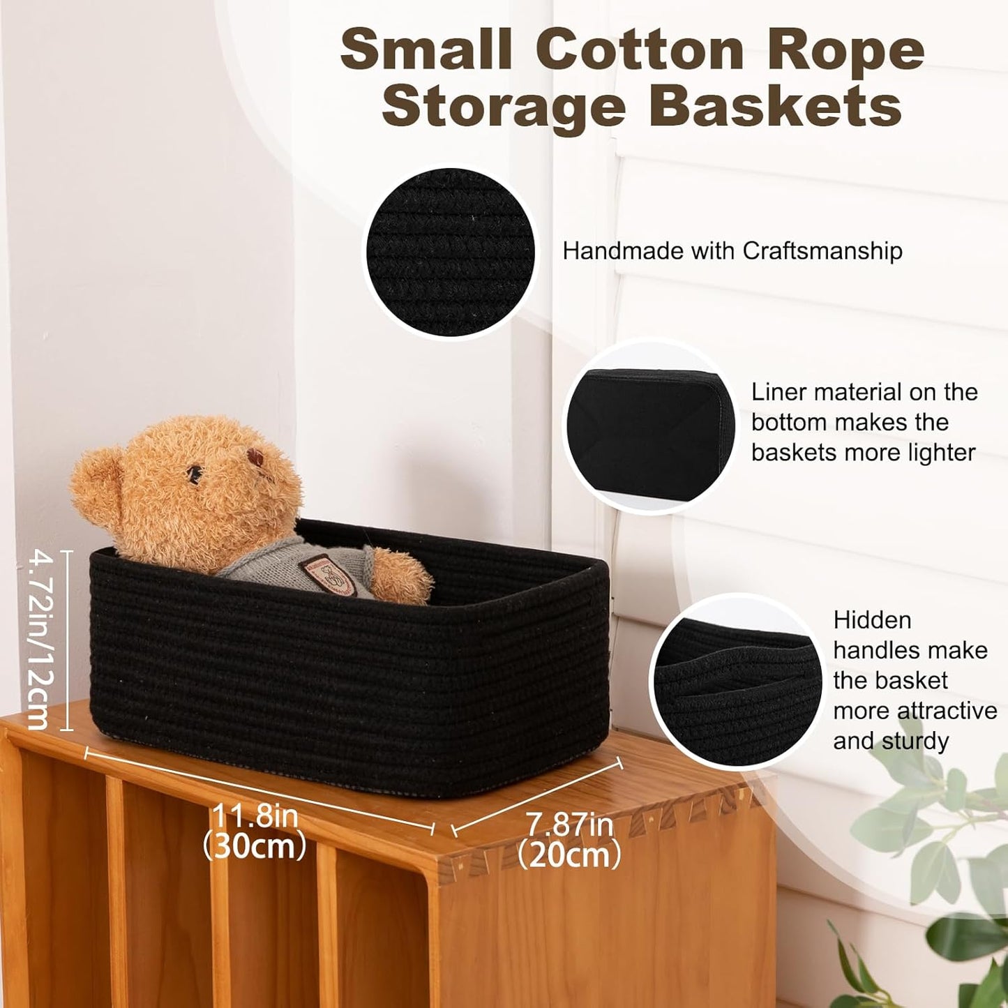 3 Pack Small Storage Baskets for Organizing, Cute Woven Decorative Gift Baskets for Shelves, Mini Closet Organizer Bins with Handles, 11.81''Lx7.87''Wx4.72''H-Black