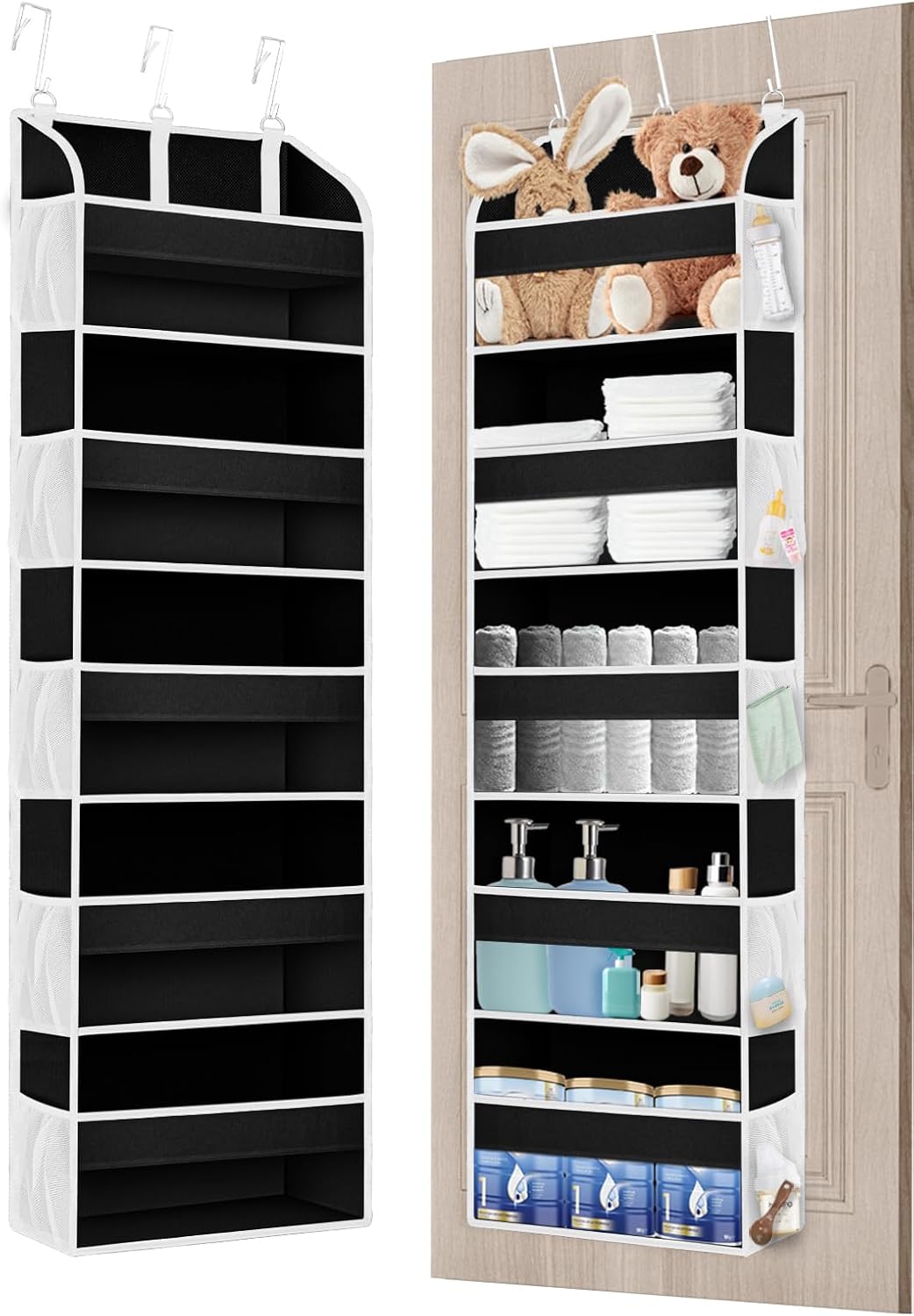 2 Pack Over The Door Storage Organizer with 5 Pockets 10 Mesh Side Pockets, 44 lbs Weight Capacity Door Hanging Organizers and Storage for Bedroom,Bathroom,Nursery,Pantry,Dorm(Black)
