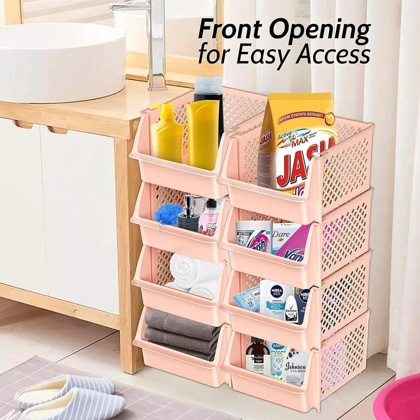 Skywin Stackable Storage Bins for Pantry, 12 Pack Stackable Bins For Organizing Food, Kitchen, and Bathroom Essentials (Light Pink)
