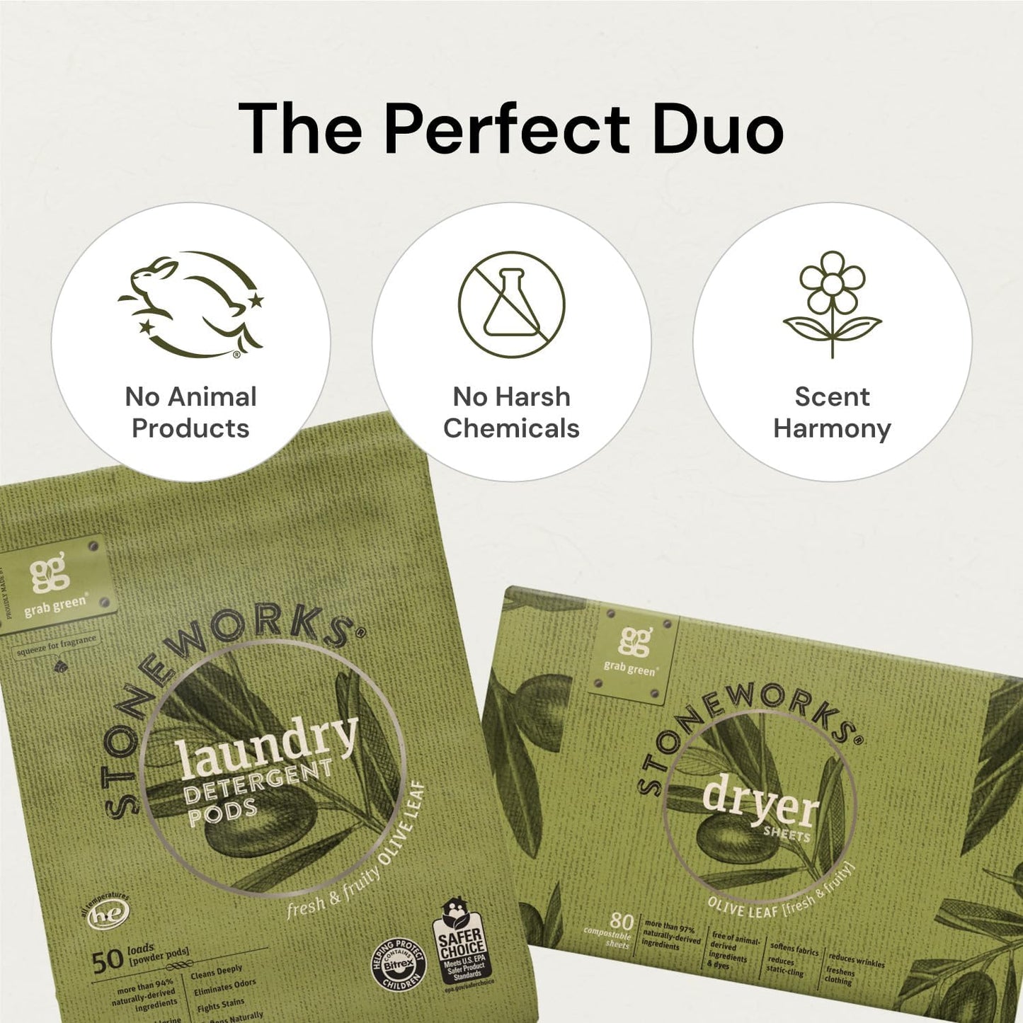 Grab Green Stoneworks Laundry Detergent Pods and Dryer Sheet Bundle, 50 Count Pods and 80 Dryer Sheets, Fragrance Free Rain Scent, Plant and Mineral Based Laundry Care Set