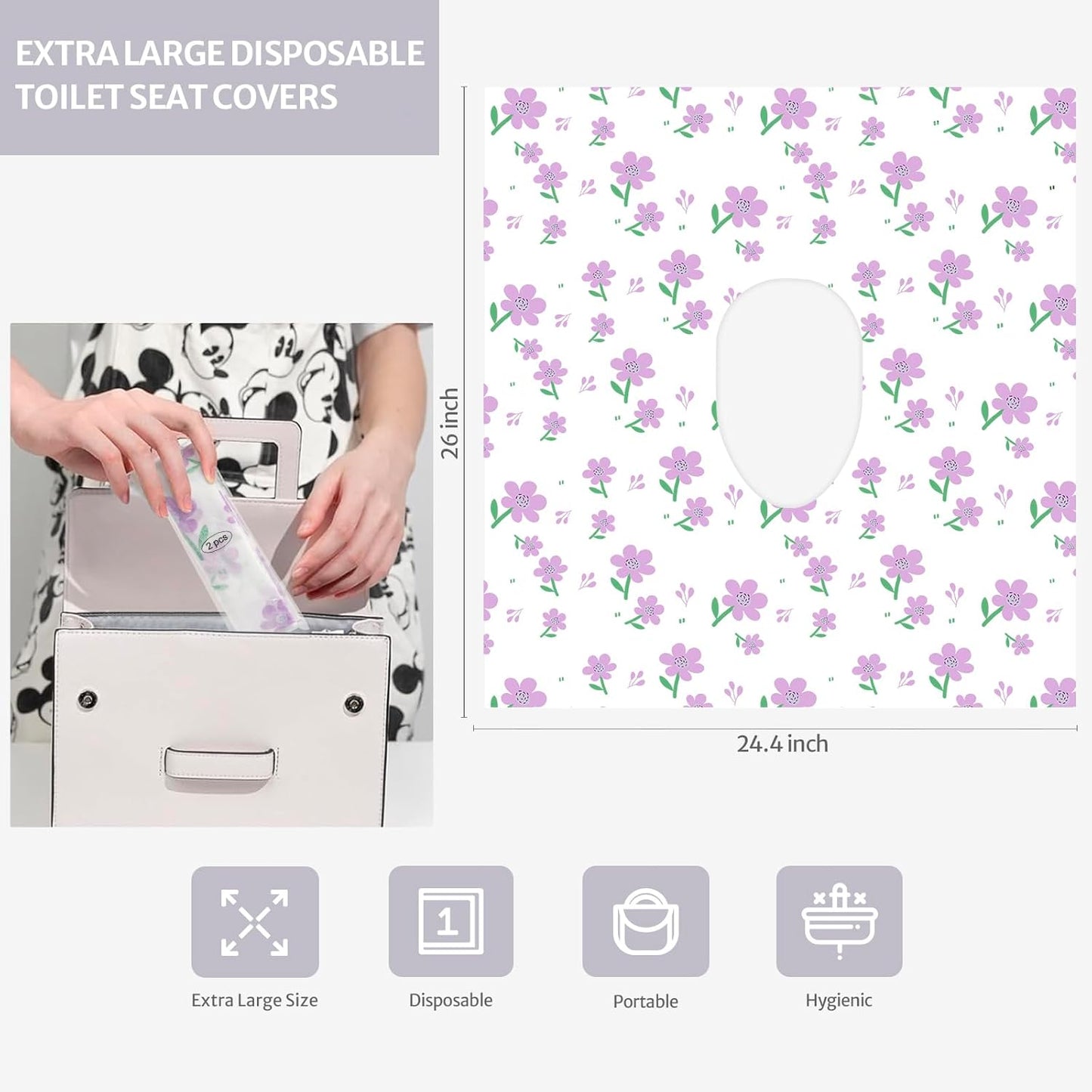 Blissful Diary 20 Pcs Toilet Seat Covers Disposable for Toddlers & Adults, Extra Large Waterproof, Portable Package for Travel, Kids Potty Training(Purple Flowers))