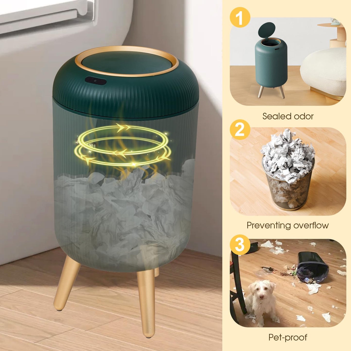 Bathroom Trash Can Automatic Touchless, 3 Gallon Smart Motion Sensor Garbage Can with Lid Electric Small Mini Trash Garbage Bin for Kitchen, Office, Toilet, Bedroom Diaper Trash Cans-Green