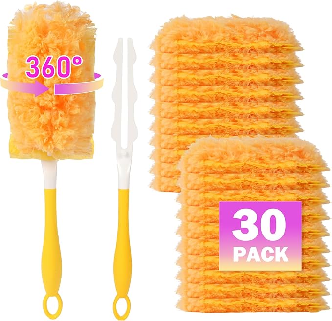 30 Pack Dusters Refill Compatible with Swiffer Dusters for Cleaning, with 1 Handle, Multisurface 360° Dusters with 4X Microfibers, Disposable Heavy Duty Duster Refills, Helps Remove Allergens