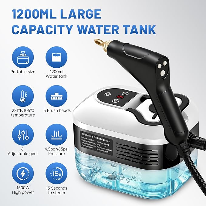 Pressurized Handheld Steam Cleaner, Portable Steamer for Cleaning with 1.2L Large Tank, 15s Fast Heat-Up, 6-Level Adjustable, Powerful Steam Cleaner for Home, Car, Kitchen, Tile, Grout(White)