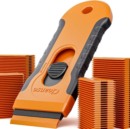 100Pcs Blade Plastic Razor Blade Scraper with Retractable Blade: Without Damaging Surfaces Cleaning Tool for Adhesive Remover, Sticker Remover, Labels, Paint, Work on Cars, Windows, Trucks, Mailboxes