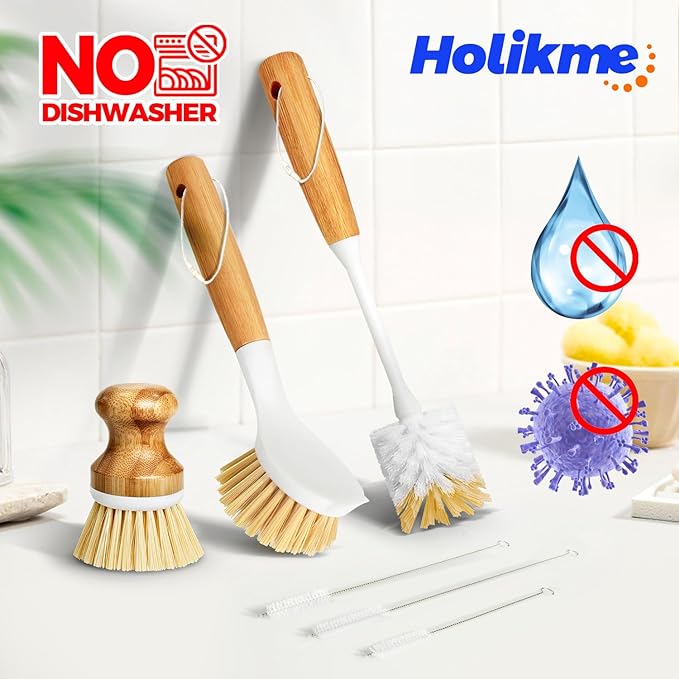 Holikme 6 Pack Dish Brush Kitchen Brushes Set with Vegetable Palm Brush, Bottle Brush, Dish Brush and Straw Brush, Fruit Cleaning Brushes for Cleaning Potato Skillet Wok Pot Pan Cast Iron, Yellow