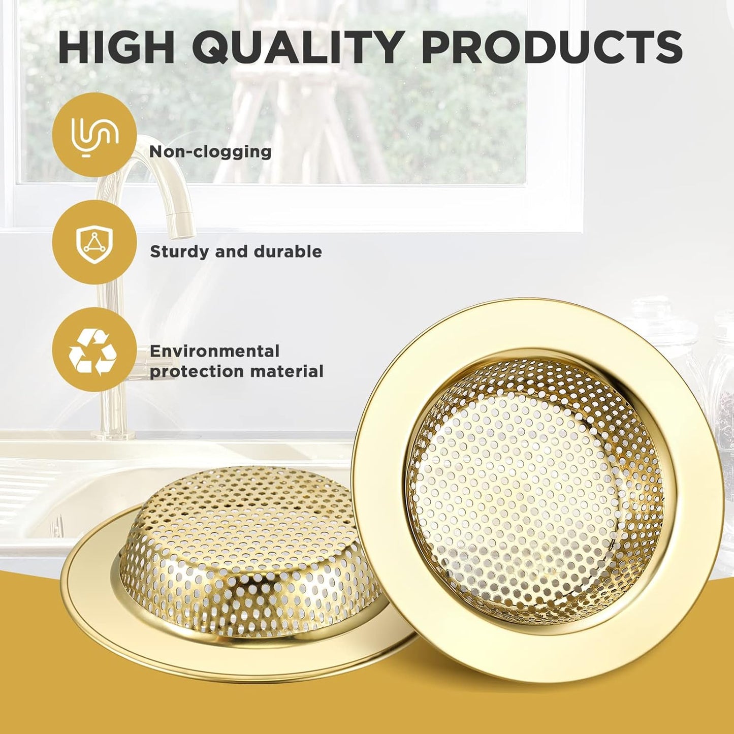Retisee 2 Pcs Sink Strainer Stainless Steel Kitchen Sink Drain Strainer Basket Cover Mesh Hair Food Catcher, Large Wide Rim of 4.4 Diameter(Gold)