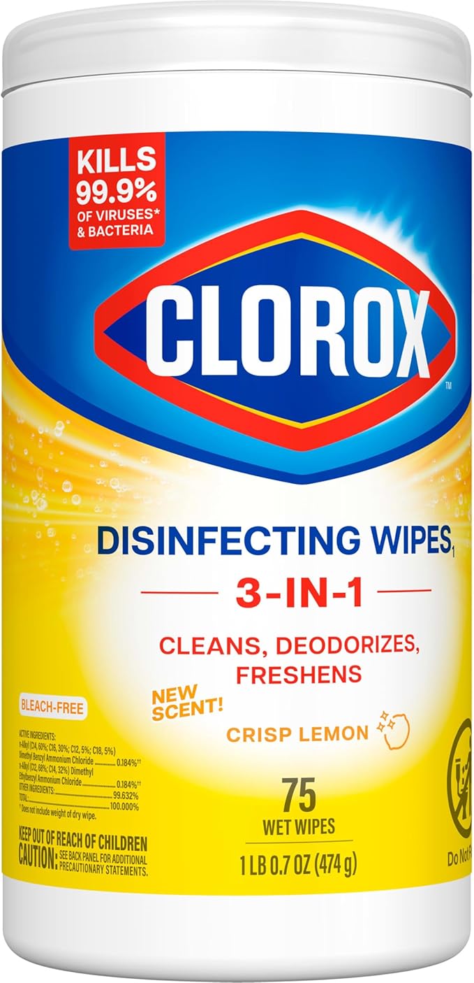 Clorox Disinfecting Cleaning Wipes, Bleach Free, Crisp Lemon, 75 Count, Pack of 6 (Pack May Vary)