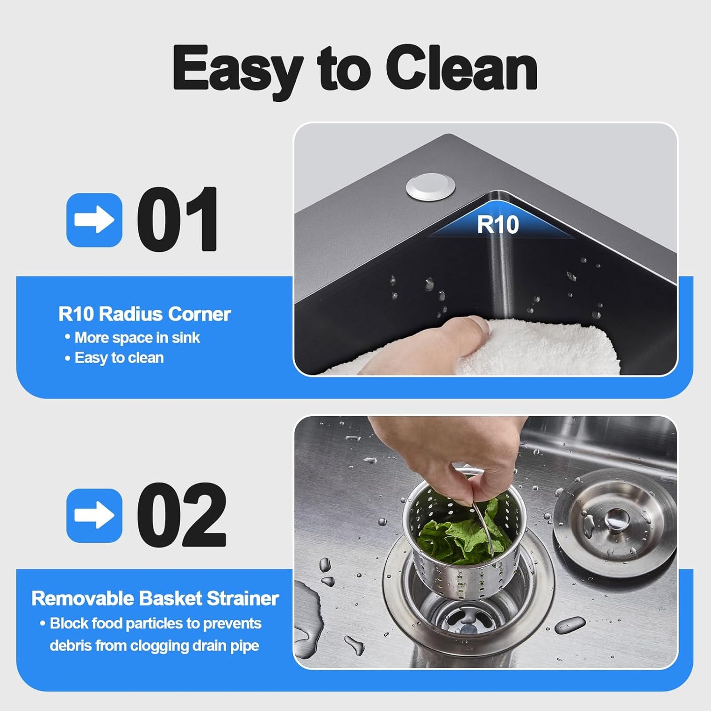 23x18 Inch Kitchen Sink, Handmade 304 Stainless Steel Sink, 9" Deep Single Bowl with Brushed Finish, Topmount with 2 Holes, R10 Tight Corner, for Modern Kitchen/RV/Outdoor Sink