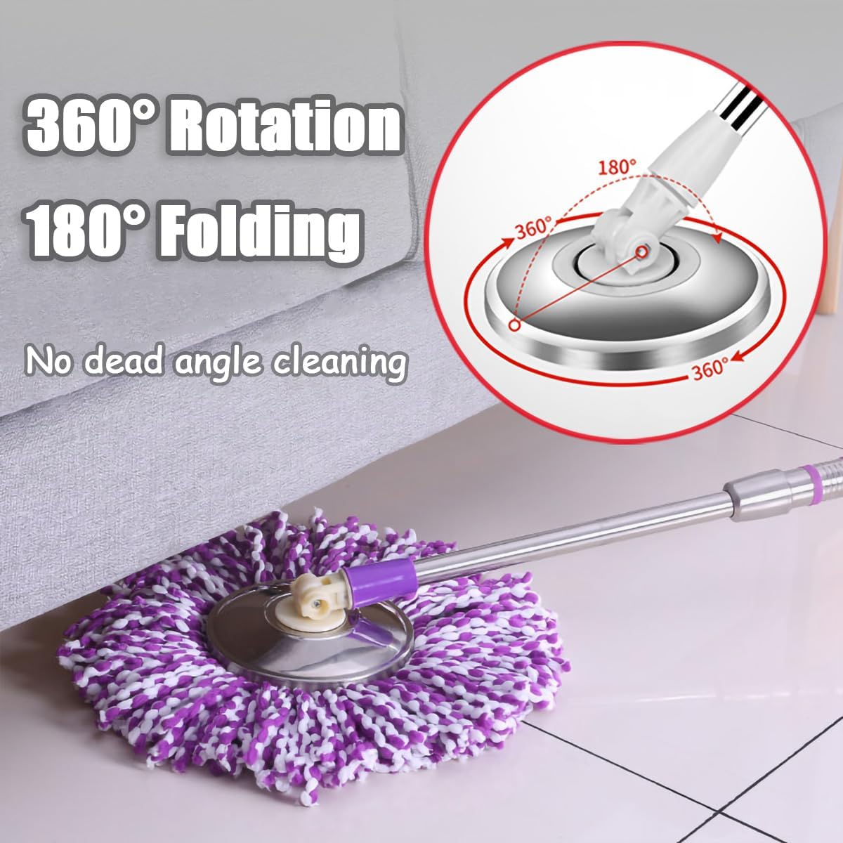 Extended Spin Mop Replacement Mop Handle, Upgraded 60-inch 360 Degrees Rotating Telescopic Replacement Mop Stick for Spin Mop Bucket Cleaning System Floor Cleaning (Plastic Disc, Blue)