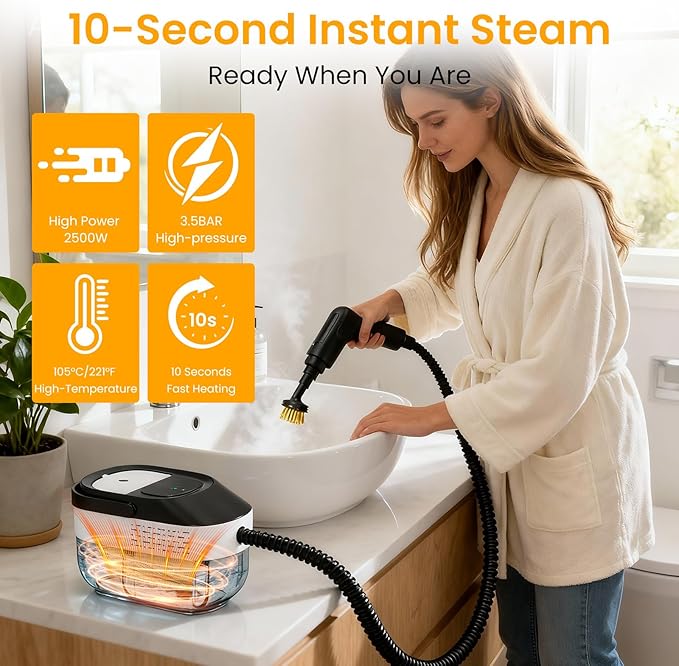 Steam Cleaner 1.6L, Adjustable Pressurized Steamer for cleaning, 15s Heat-Up, 2500W Handheld Steamer Cleaning for Home|Car|Tile|Floor, Multi-Surface Cleaning Machine with 22pcs Accessories
