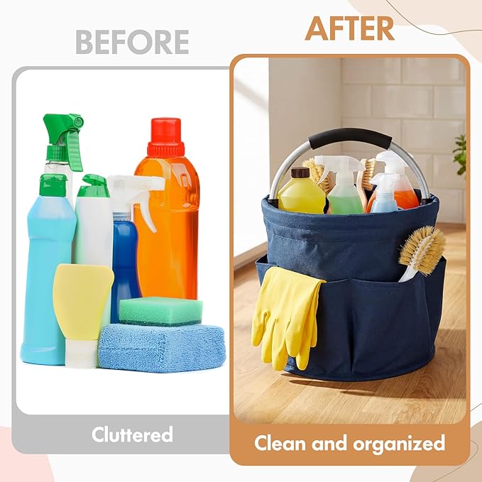 LemonRoad 4 Pack Cleaning Caddy with Handle 17L Foldable Cleaning Supplies Organizer Oxford Cloth Storage Basket with 6 Pockets & Soft Grip Portable Multi Bucket Bag for Home, Garden(4 Colors)