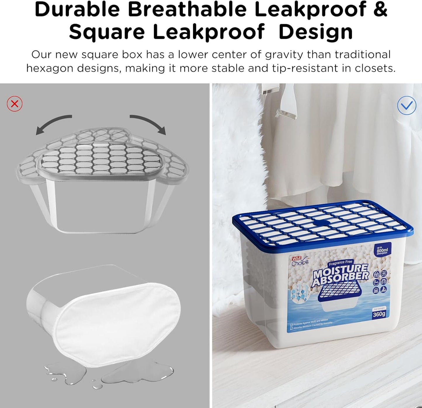 W&E Choice Moisture Absorbers, Fragrance-Free Dehumidifier Boxes for Home, Bathroom, Closet, RV & Car, 3 Pack 12.7 OZ