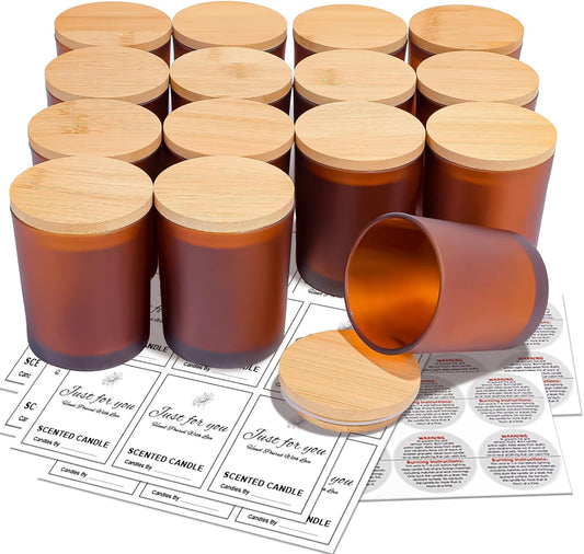 CONNOO 15-Pack 7oz Fall Amber Candle Jars with Bamboo Lids & Sticky Labels – Thick Glass Candle Jars for DIY Making, Dishwasher Safe, Bulk Set