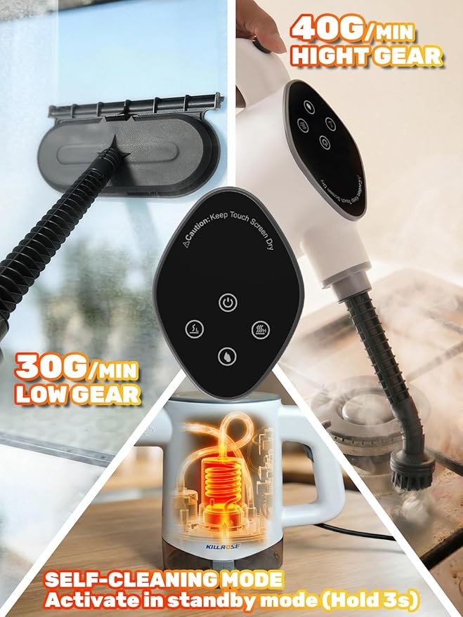 Killrose Handheld Steam Cleaner, Pressurized Steam Cleaner with 10–15s Fast Heat, Dual Power Modes & Self-Clean, Multi-Surface Steamer with 12 Accessories for Kitchen, Bathroom, Car