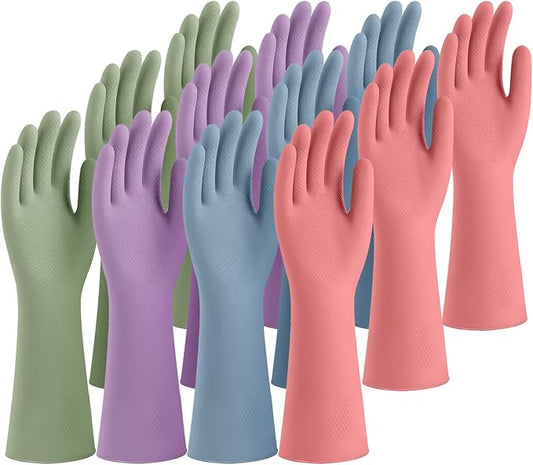 Rubber Cleaning Gloves for Dishwashing, 12 Pairs Reusable Kitchen Gloves for Washing Dishes and Household Cleaning, Colorful Gloves with Flocked Lining and Non-Slip Grip, Perfect for Women Men - M