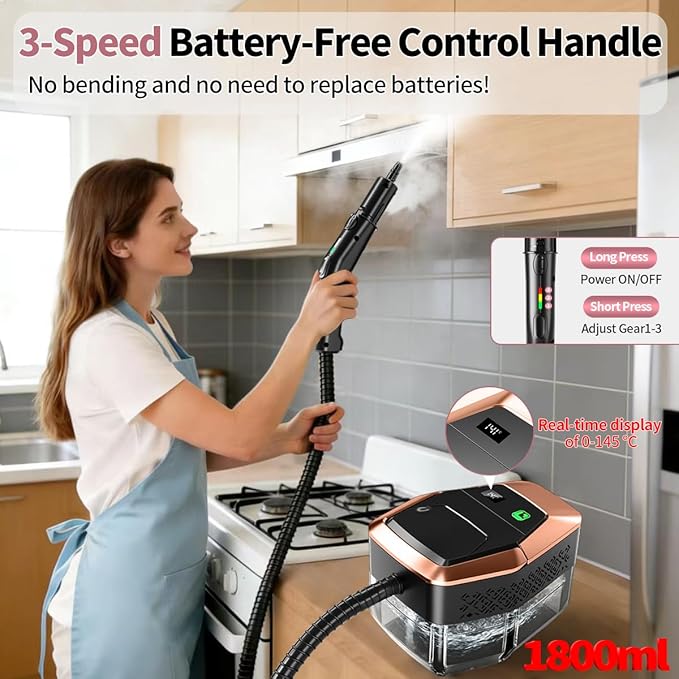 Steam Cleaner for Home & Car, 3-Level Adjustable Steamer for Cleaning with Temp Display,15s Fast Heat,1.8L Large Tank, 4Bar Powerful Steam for Grout,Grease,Tile,Couch,Toilet, Car Detailing,Windows