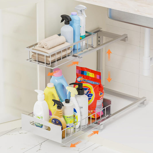 Under Sink Organizer Storage 2-Tier Heavy Duty Metal Pull Out Cabinet Organizer Slide Out Sink Shelf Organizer Height Adjustable, Multi-Purpose Storage Shelf for Kitchen Bathroom (Silver, 1 Pack)
