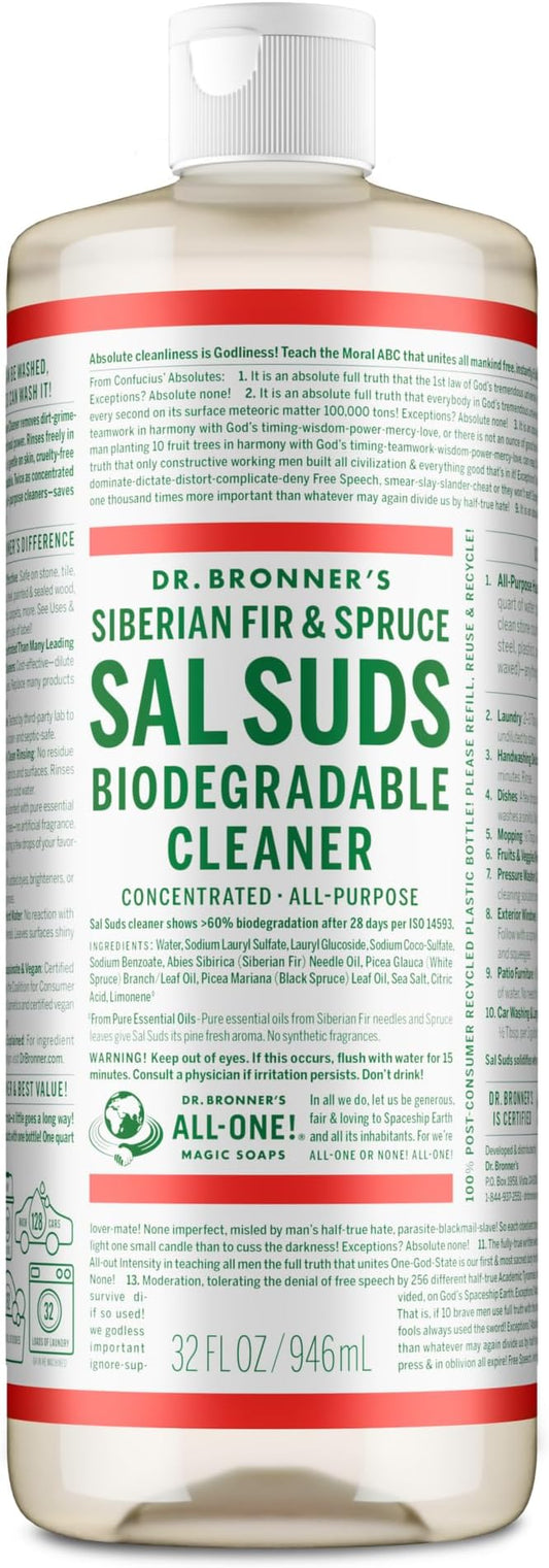 Dr. Bronner's Sal Suds Biodegradable Cleaner (32 oz) – All Purpose Pine Mop Detergent for Floors, Laundry & Dishes, Multi-Surface Concentrate, Heavy-Duty Degreaser