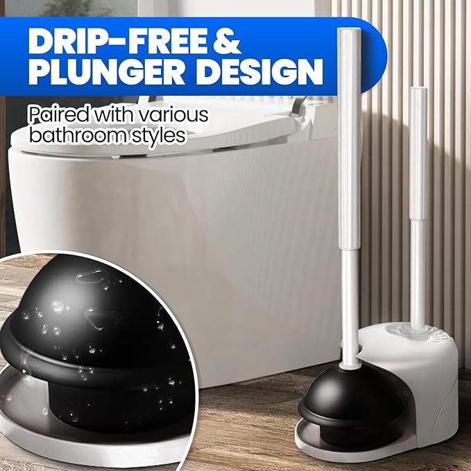 2 in 1 Toilet Brush and Plunger Set, Extended Handle Plunger,Toilet Bowl Brush Plunger Set,Gap Brush，Cleaning Gloves，Bathroom Cleaning Tools，Toilet Brush Plunger Combo，Light Grey
