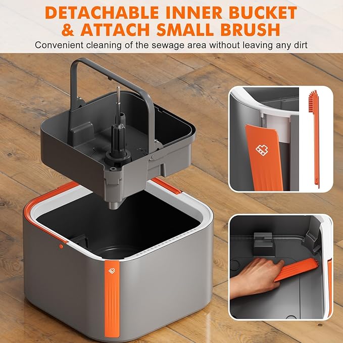 KZKR Upgraded Spin Mop and Bucket Set, Separate Clean and Dirty Water System, 360° Foldable Square Mop Head with Washable Microfiber Mops Pad, Detachable Bucket for Home Floor Cleaning