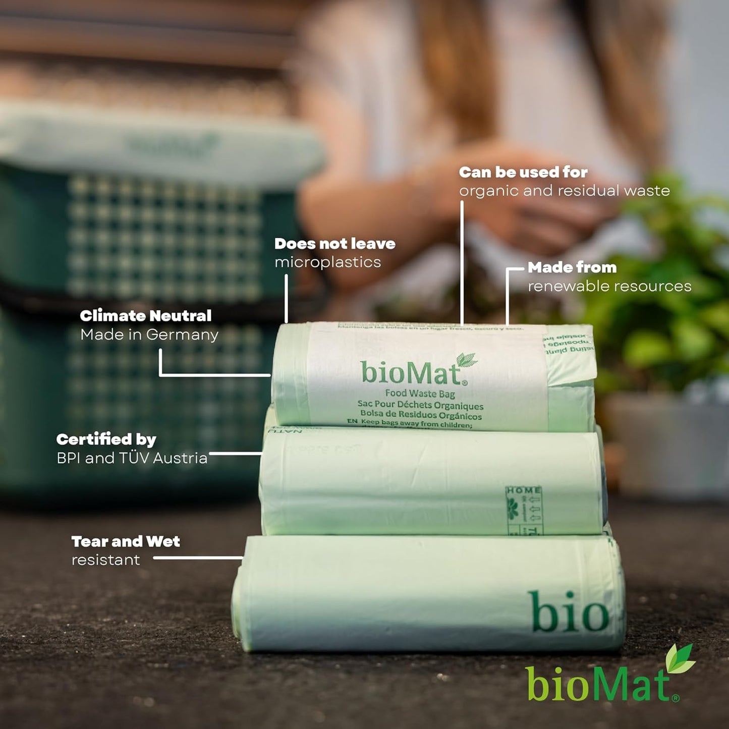 bioMat 35 Gallon Compostable Trash Bags for Lining Compost Bins, 10 Count, Biodegradable Trash Bags for Compost Bin, BPI ASTM D6400 and CMA Certified, Keep your Bin Clean