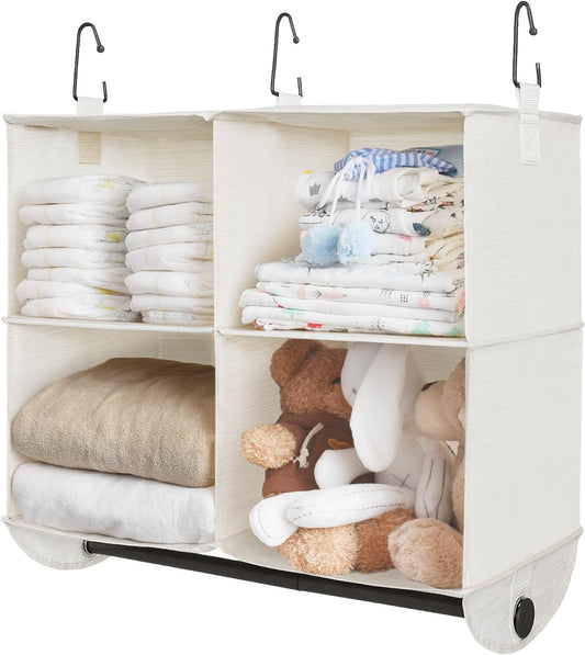 StorageWorks Hanging Closet Organizer with Metal Rod, 4-Section Closet Organizers and Storage, Collapsible Hanging Shelves for Baby Clothes, Shoes, Sweater Storage, Ivory and White