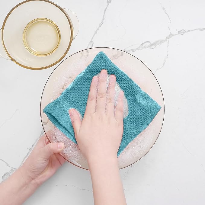 Homaxy 100% Cotton Waffle Weave Kitchen Dish Cloths, 7-Pack Ultra Soft Absorbent Dish Towels, Quick Drying Dish Rags, 12 x 12 Inches, Lake Blue