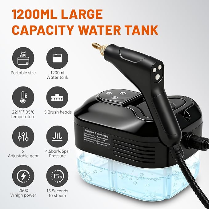 Pressurized Handheld Steam Cleaner, Portable Steamer for Cleaning with 1.2L Large Tank, 15s Fast Heat-Up, 6-Level Adjustable, Powerful Steam Cleaner for Home, Car, Kitchen, Tile, Grout(Black)