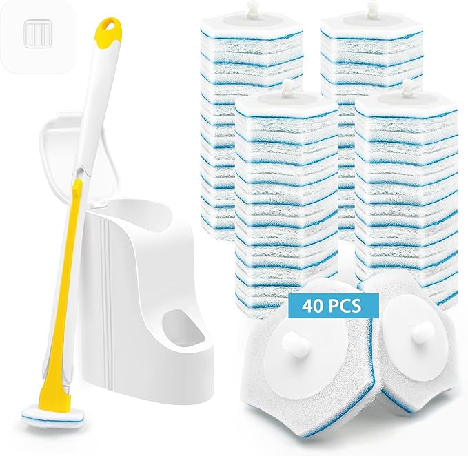 JEHONN Disposable Toilet Brush with 40PCS Wand Cleaner Refills, Wall Mounted Toilet Bowl Brush Holder Set, Bathroom Cleaning System for Sink Bathtub Wash Basin (Yellow)