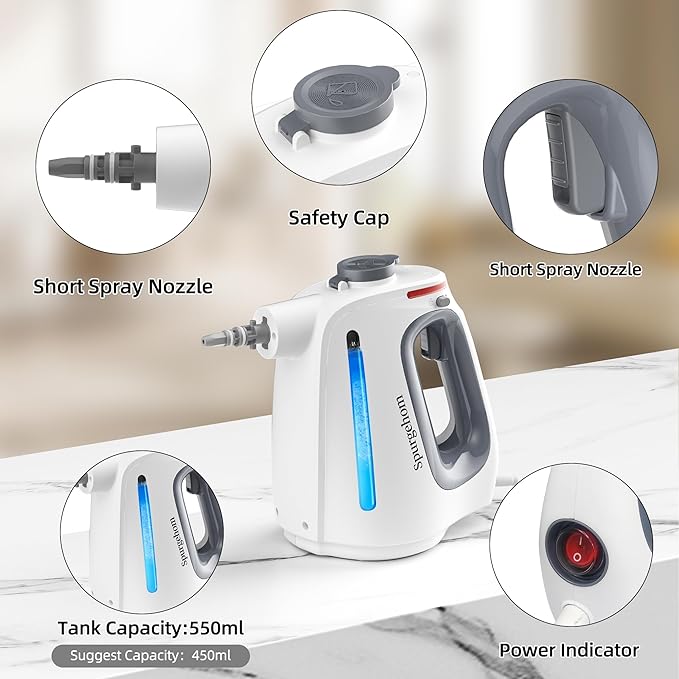 Spurgehom Handheld Multi-Surface Steam Cleaner with 11-Pc Accessories & Safety Lock – Dirty-Free, 550ML Large Capacity Steamer for Floors, Upholstery, Cars, and Home Use
