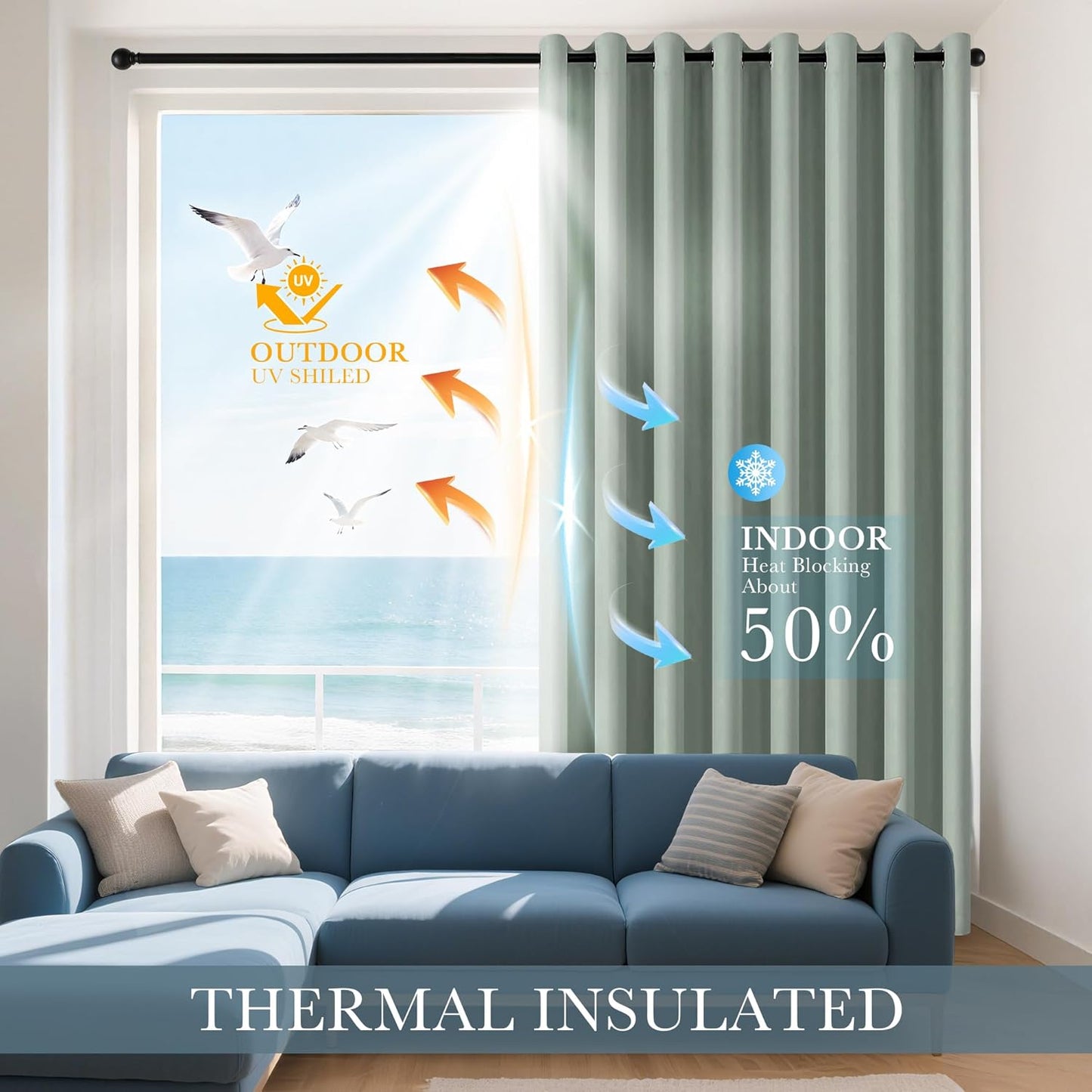 PONY DANCE Sage Green Short Blackout Curtains for Kitchen 45 Inch Length, Thermal Insulated Grommet Curtains for Bedroom, Black Out Drapes for Bathroom Small Window (2 Panels Set, 34 inches Wide)