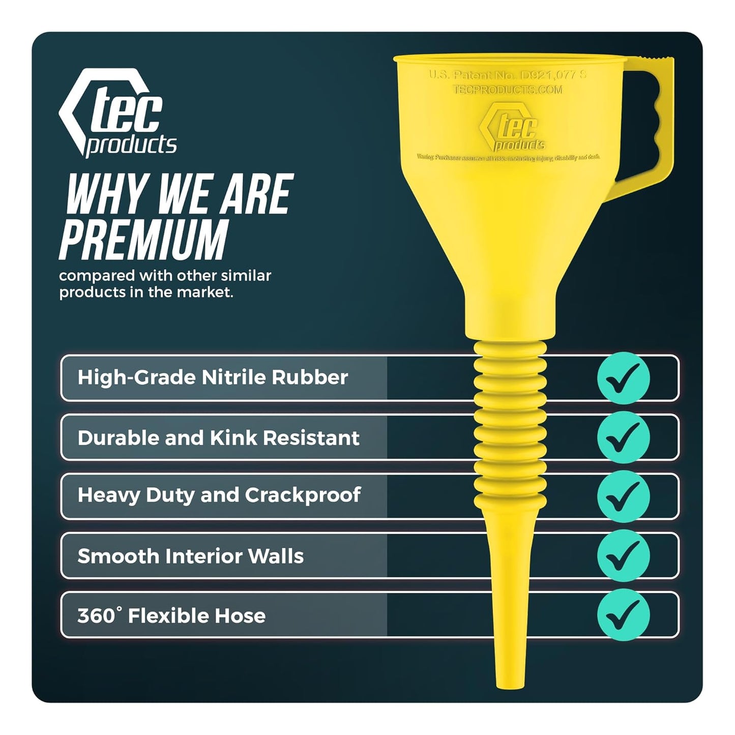 TEC Products FlexAll Long Flexible Funnel for Automotive Use - Durable Nitrile Rubber - Ideal for Car Oil Change, Transmission Funnel Fluid, Diesel, Fuel, Gas - Made in USA - Yellow (16 x 5 Inches)