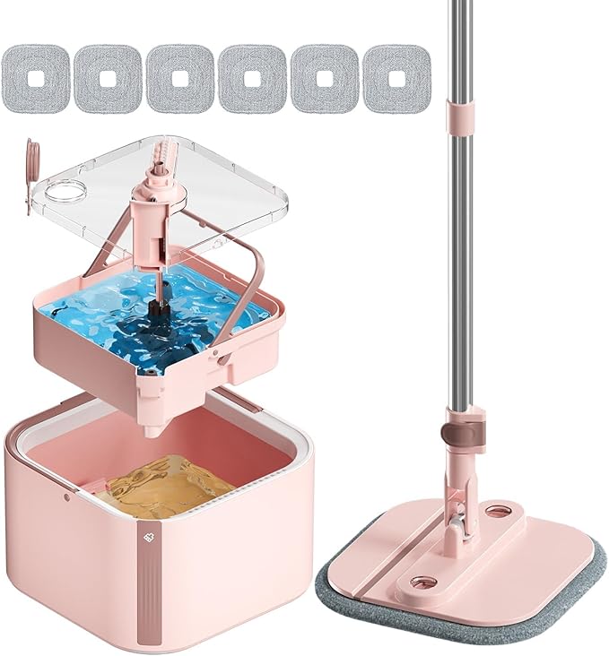 KZKR Square Spin Mop and Bucket Set with Self Separation Dirty and Clean Water System,Self Wringing 360° Rotating Mops Head for Home Floors Cleaning (2.0 mop Bucket Set with 6 Pads, Pink)