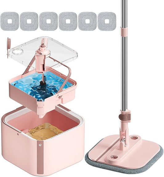 KZKR Square Spin Mop and Bucket Set with Self Separation Dirty and Clean Water System,Self Wringing 360° Rotating Mops Head for Home Floors Cleaning (2.0 mop Bucket Set with 6 Pads, Pink)