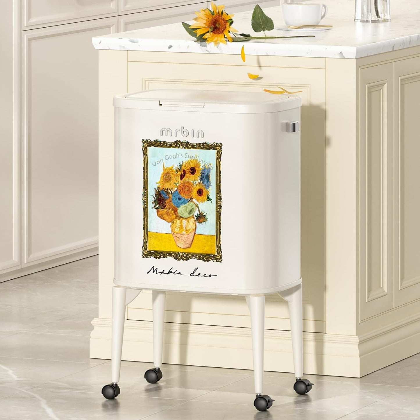 MRBIN Metal Kitchen Trash Can with Wheel Legs, 36L / 9.5gal Medium Press Lid Slim Waste Basket, Pet Proof Tall Narrow Garbage Pail for Vanity, Bedroom, Bathroom, Living Room, Sunflower