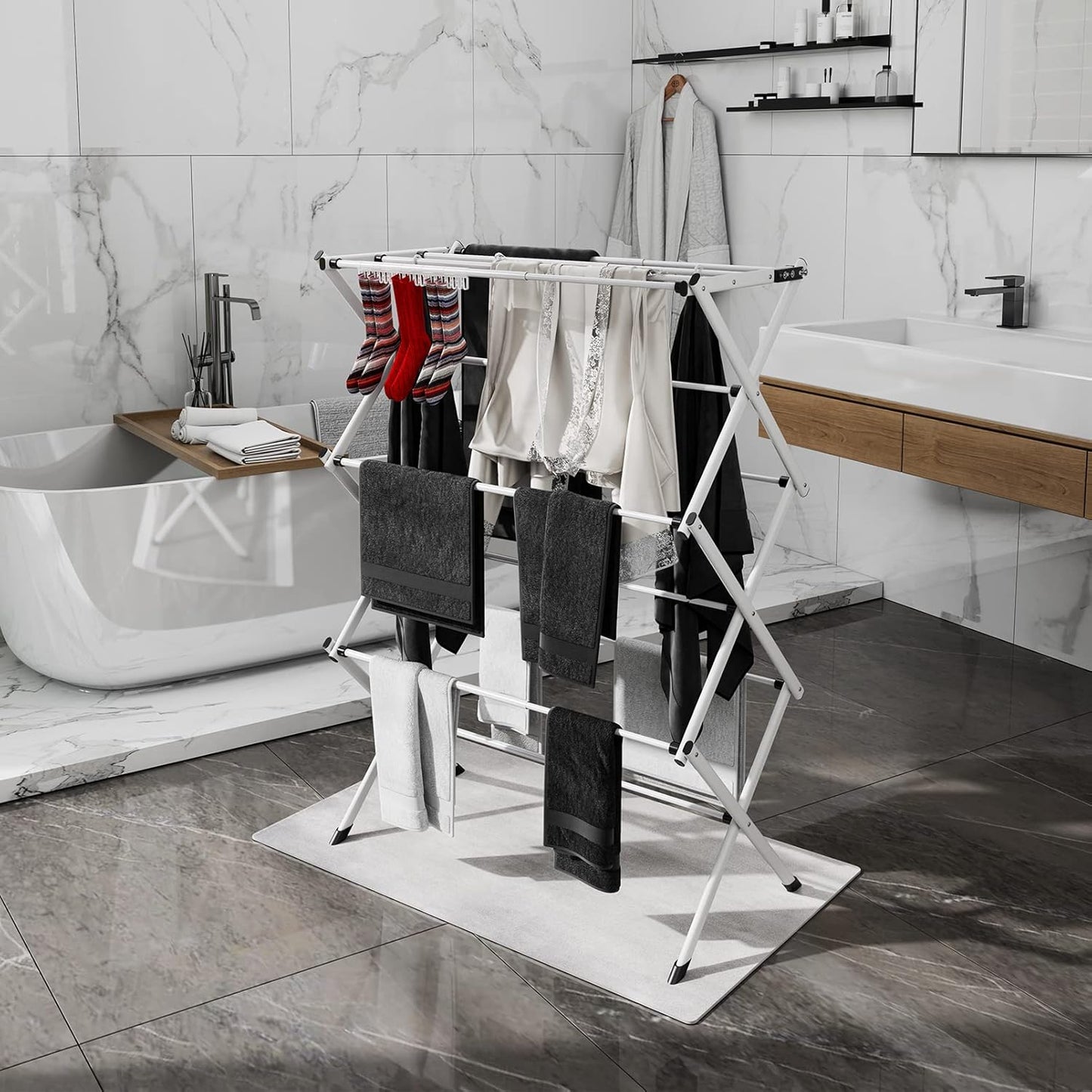 3 Tier Clothes Drying Rack,Foldable & Portable Clothing Drying Rack,Space-Saving Design, Indoor & Outdoor Laundry Rack for Drying Clothes,Metal Dryer Rack-White+Black