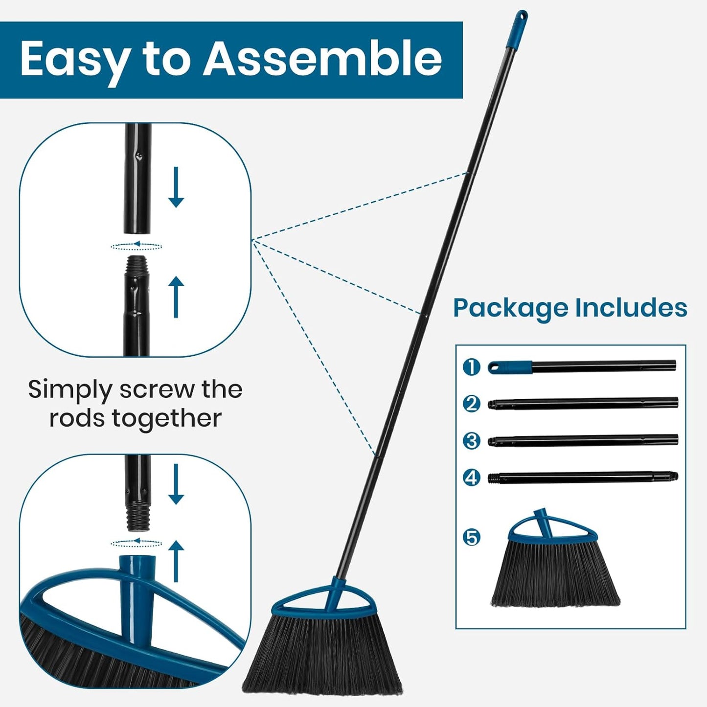 MAVRIZ 3 Pack Heavy Duty Broom Outdoor with 60" Long Handle Stiff Bristle Kitchen Broom for Sweeping Indoor Angle Broom for Floors, Shop Restaurant Garage Patio