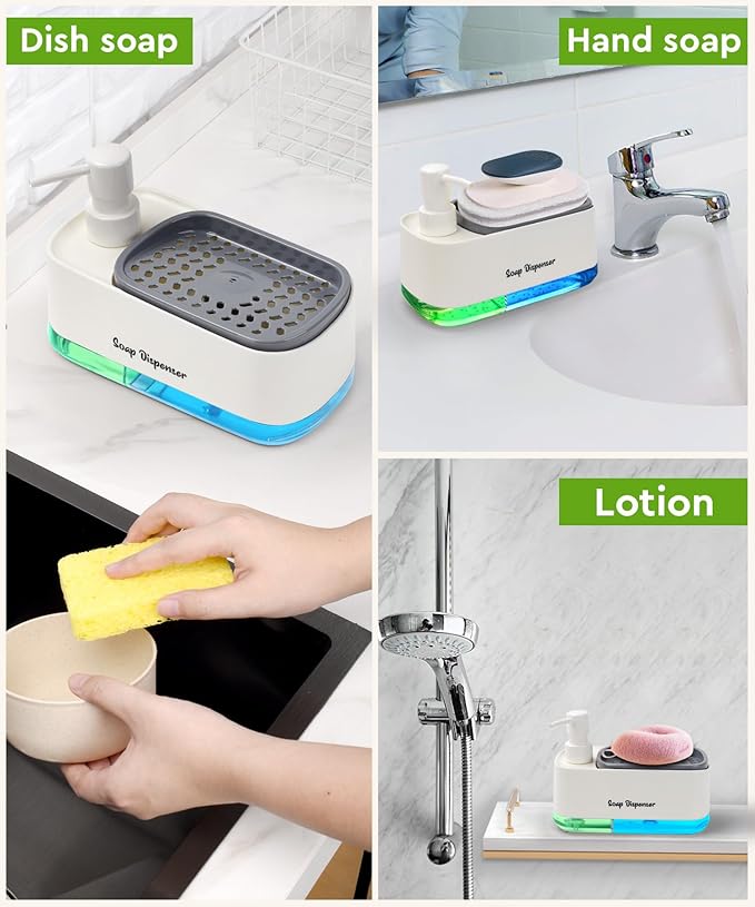Hand and Dish Soap Dispenser Set for Kitchen, Dual Soap Dispenser with Sponge Holder, 3-in-1 Countertop Soap Pump Dispenser for Kitchen Sink, Useful Kitchen Gadgets - White