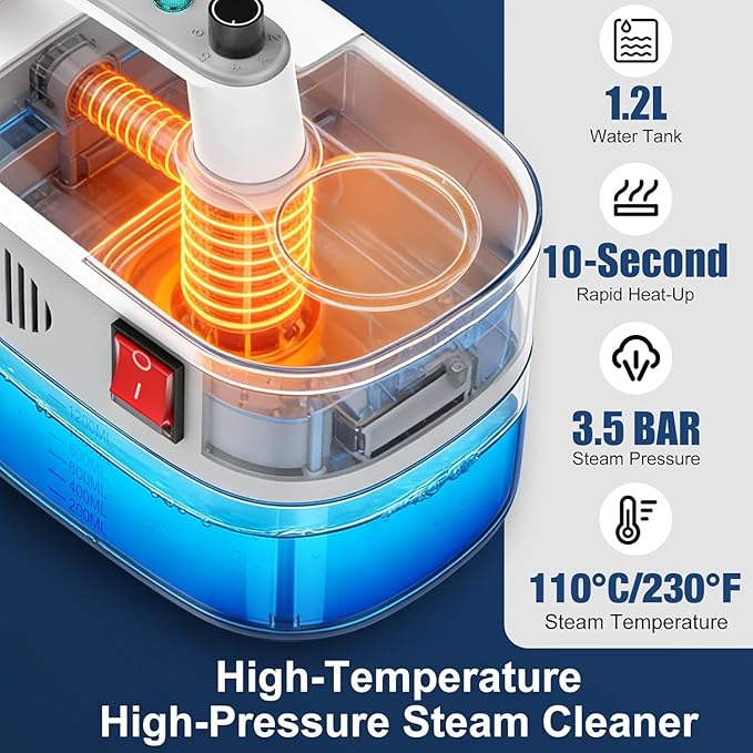 Steam Cleaner, 6-Level Adjustable, 10s Heat-Up, 1200ML Large Tank, 2500W Portable Steamer for Cleaning with Multi-Surface Accessories, Handheld Steam Cleaner for Home & Car, Dirt, Grease, Grout,Tile