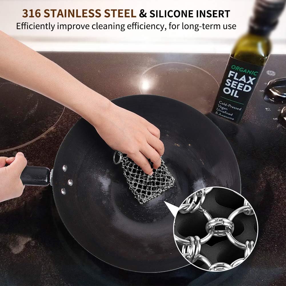 Herda 316L Cast Iron Scrubber Cleaner, Large Chainmail Scrubber for Cast Iron Pan - Chain Mail Scrubber Cast Iron Sponge - Metal Cast Iron Skillet Scrubber, Wok, Dutch Oven Cast Iron Cleaning Kit