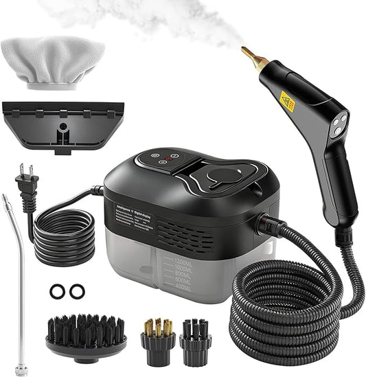 Pressurized Handheld Steam Cleaner, Portable Steamer for Cleaning with 1.2L Large Tank, 15s Fast Heat-Up, 6-Level Adjustable, Powerful Steam Cleaner for Home, Car, Kitchen, Tile, Grout(Black)