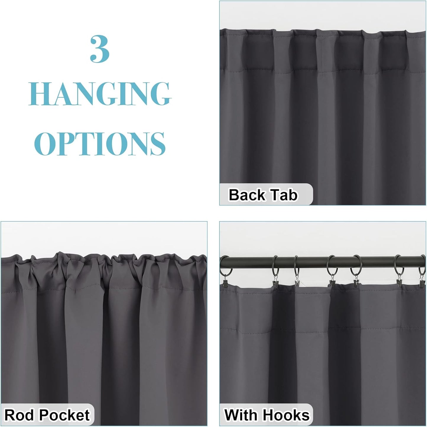 RYB HOME Blackout Curtains for Living Room, Back Tab & Rod Pocket Top Insulating Window Decor for Bedroom Dining Sliding Glass Door Home Office, W 62 x L 84, Grey, 2 Panels