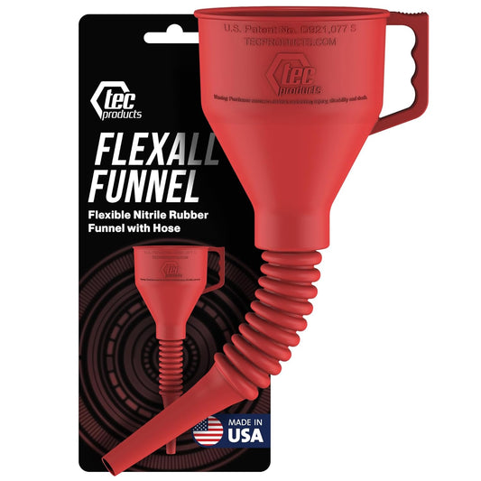 TEC Products FlexAll Long Flexible Funnel for Automotive Use - Durable Nitrile Rubber - Ideal for Car Oil Change, Transmission Funnel Fluid, Diesel, Fuel, Gas - Made in USA - Red (16 x 5 Inches)