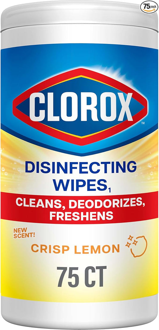 Clorox Disinfecting Cleaning Wipes, Bleach Free, Crisp Lemon, 75 Count, Pack of 6 (Pack May Vary)