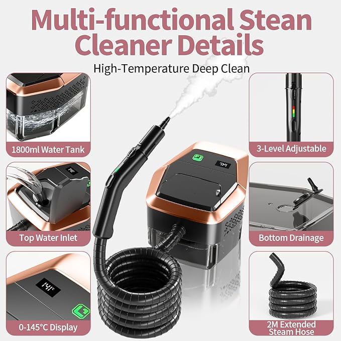 Steam Cleaner for Home & Car, 3-Level Adjustable Steamer for Cleaning with Temp Display,15s Fast Heat,1.8L Large Tank, 4Bar Powerful Steam for Grout,Grease,Tile,Couch,Toilet, Car Detailing,Windows