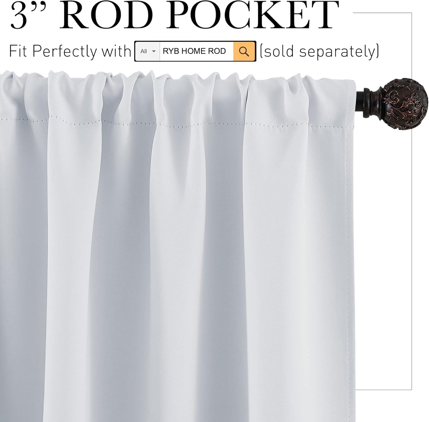 RYB HOME White Curtains for Bedroom - Room Darkening Curtains Thermal Insulated Sunlight Block for Kitchen Cabinet Basement Bathroom Window Covering, W 29 x L 36, Grayish White, 2 Panels