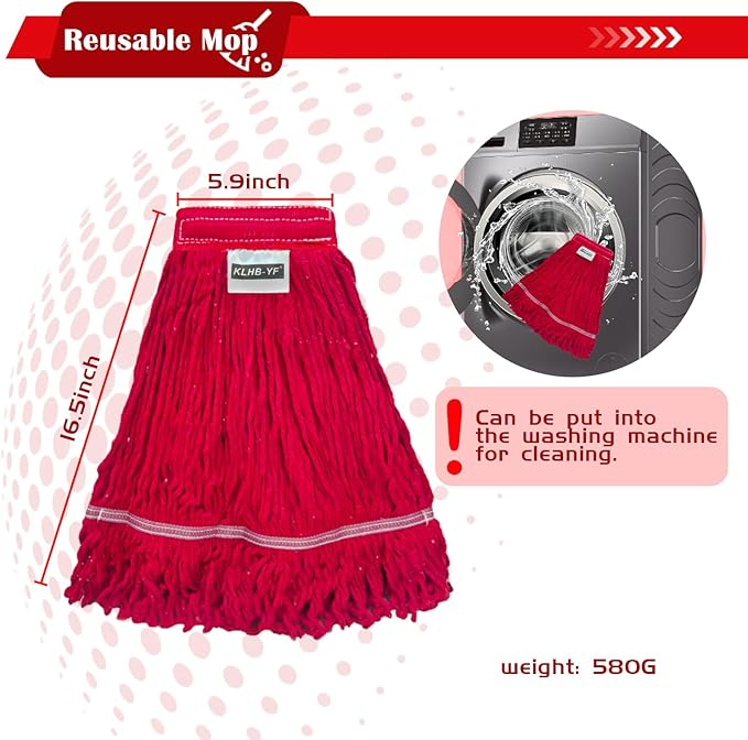Heavy Duty Wet Industrial Cleaning Mop Head – 21 oz red mop Head Replacement Cotton Washable Industrial mop Heads Heavy Duty for Commercial & Home Cleaning（RED）