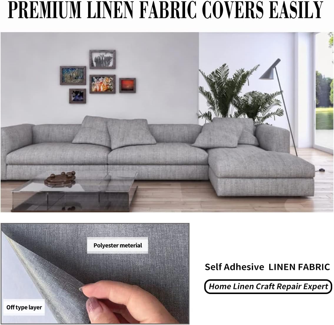 Fabric Repair Patches, 17X79 Inch Linen Repair Tape Self-Adhesive Fabric Patches Durable, DIY Large Linen Tape for Sofa, Couches, Furniture, Chair, Clothing （17X79 Inch, Blue Grey）