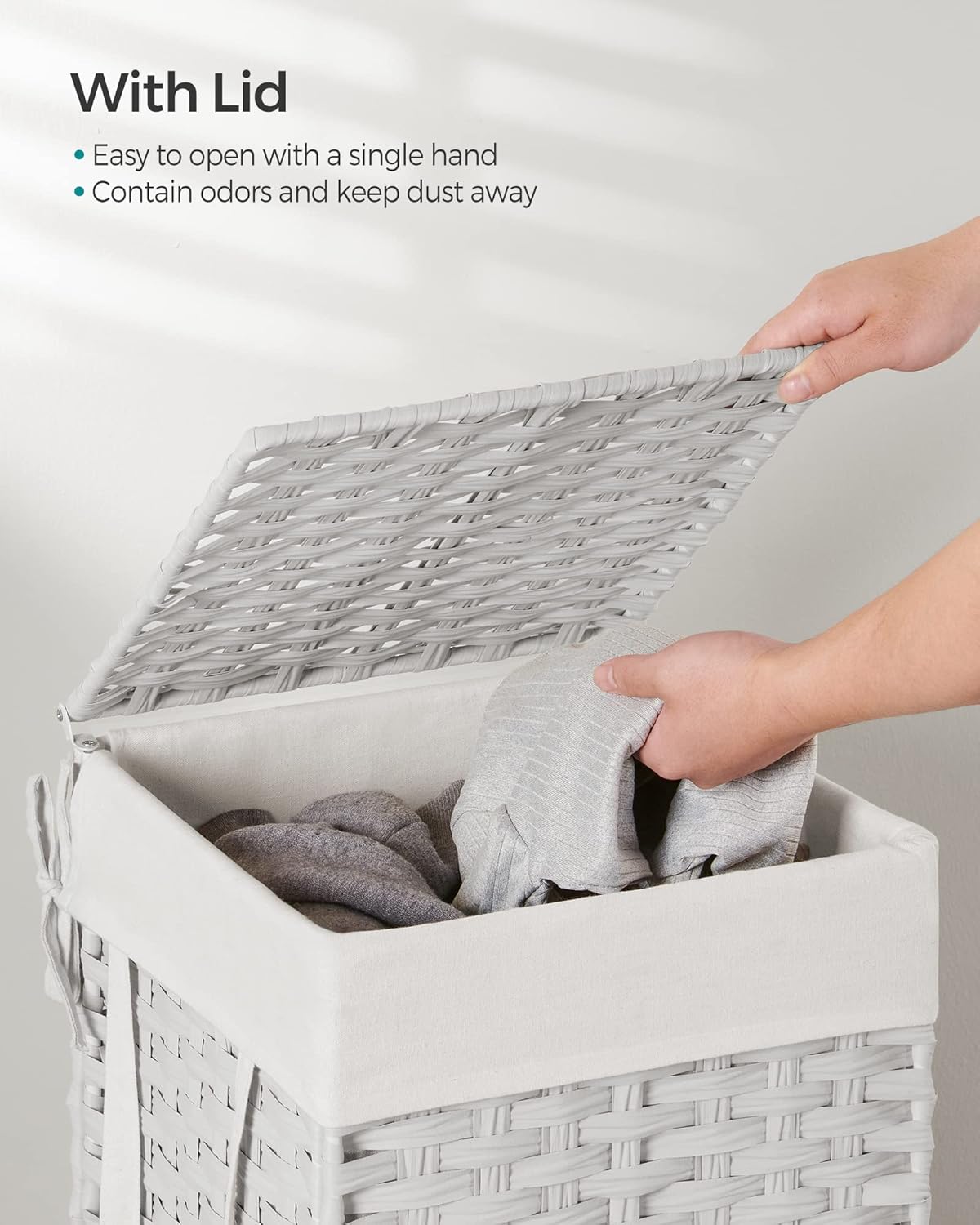 SONGMICS Laundry Hamper with Lid, 17.2 Gallon (65 L) Synthetic Rattan Clothes Laundry Basket with Lid and Handles, Foldable, Removable Liner, Cloud White ULCB165W01